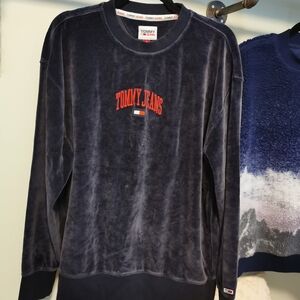 Tommy Dark Blue Velour Sweatshirt with Red Logo